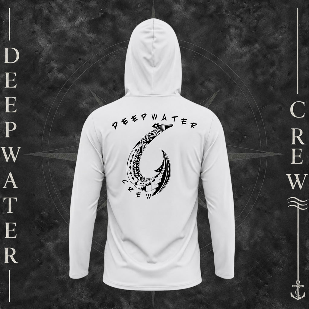 Aluminum Deepwater Crew Co. Hooked UPF 50+ performance hoodie, back view with large tribal-style fish hook graphic and Deepwater Crew lettering.