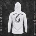 Aluminum Deepwater Crew Co. Hooked UPF 50+ performance hoodie, back view with large tribal-style fish hook graphic and Deepwater Crew lettering.
