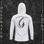 Aluminum Deepwater Crew Co. Hooked UPF 50+ performance hoodie, back view with large tribal-style fish hook graphic and Deepwater Crew lettering.