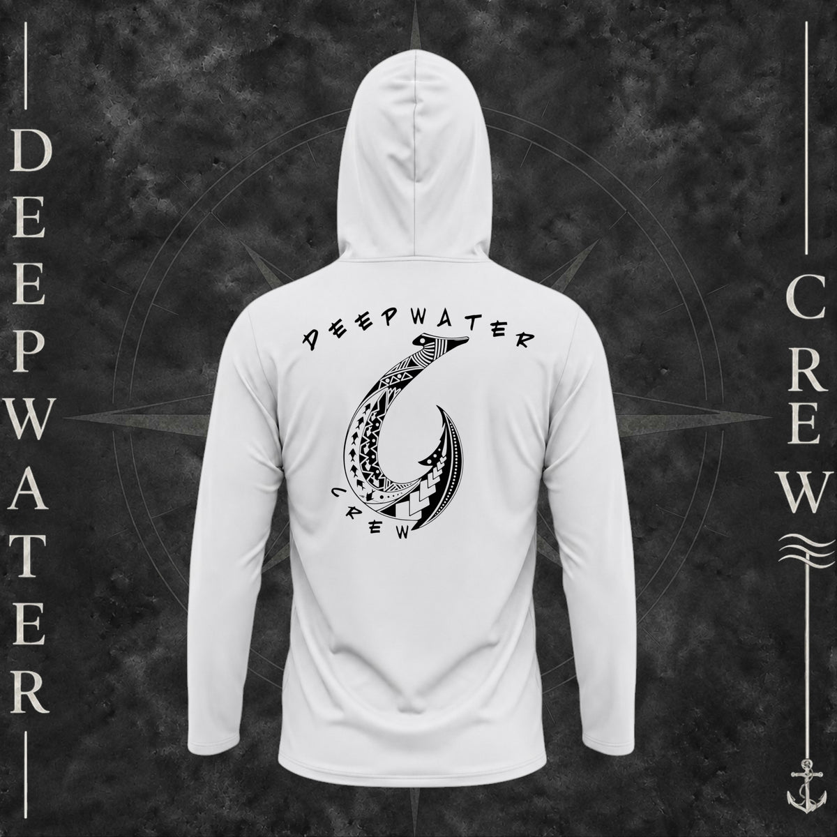 Aluminum Deepwater Crew Co. Hooked UPF 50+ performance hoodie, back view with large tribal-style fish hook graphic and Deepwater Crew lettering.