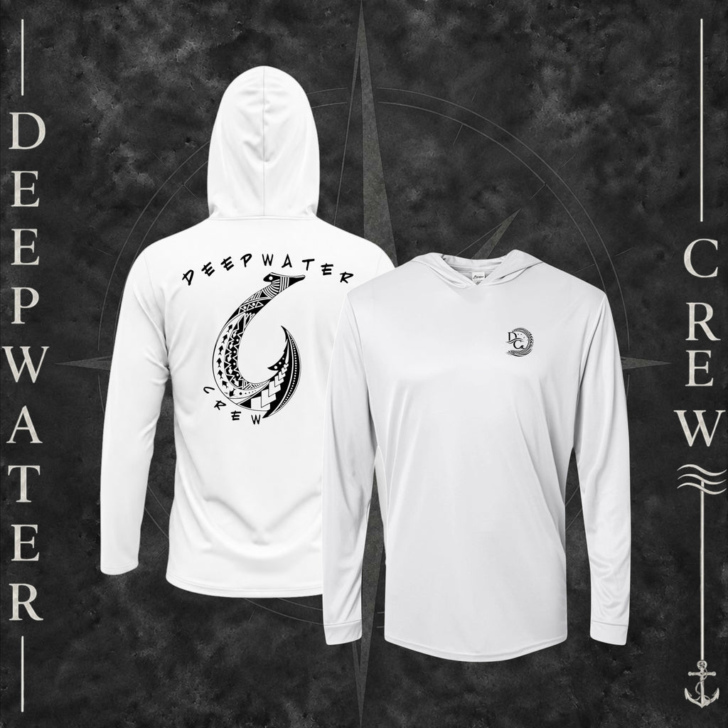 Aluminum Deepwater Crew Co. Hooked UPF 50+ performance hoodie showing front and back views, with small DC tribal hook crest chest logo and large tribal-style fish hook graphic with Deepwater Crew lettering.