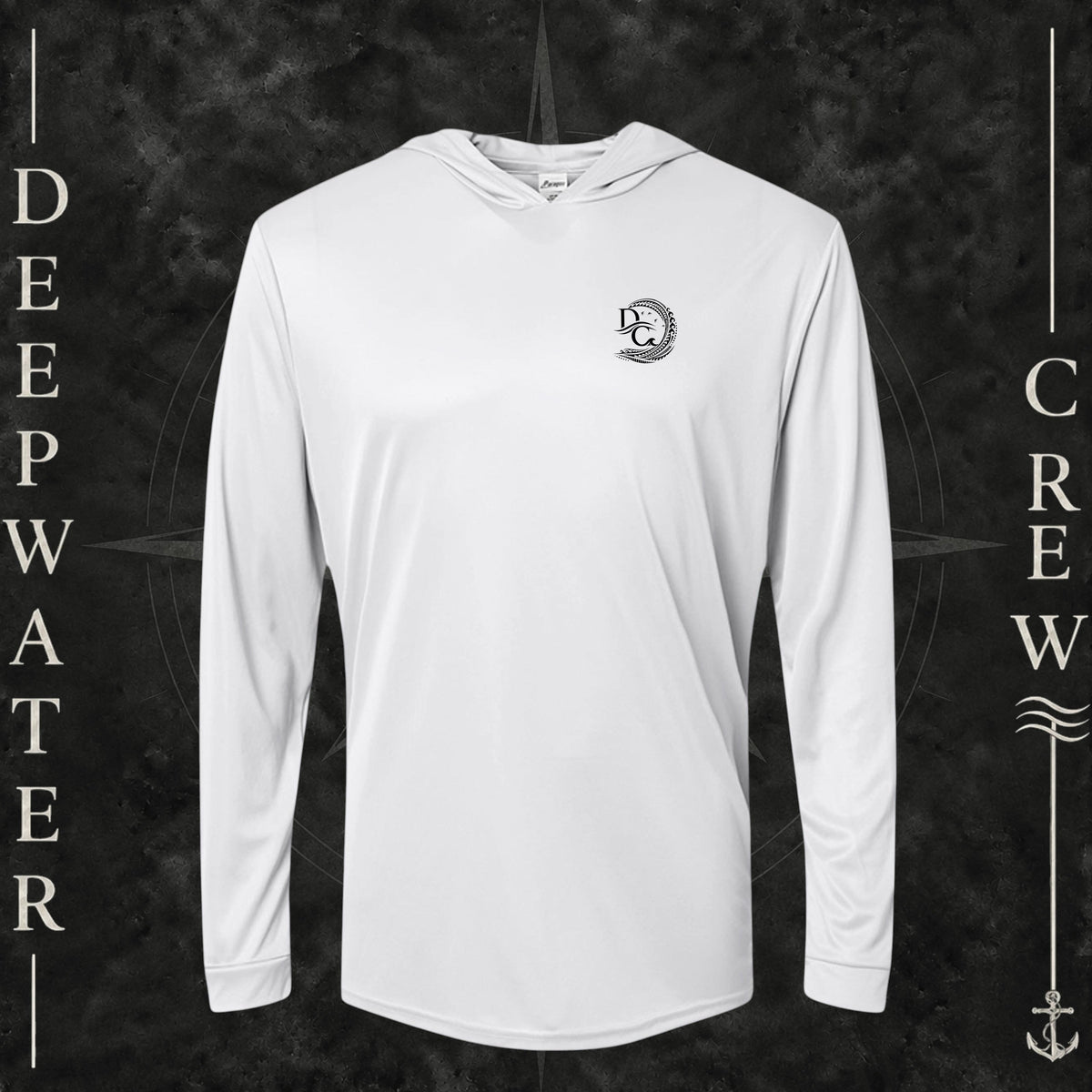 Aluminum Deepwater Crew Co. Hooked UPF 50+ performance hoodie, front view with small DC tribal hook crest chest logo.
