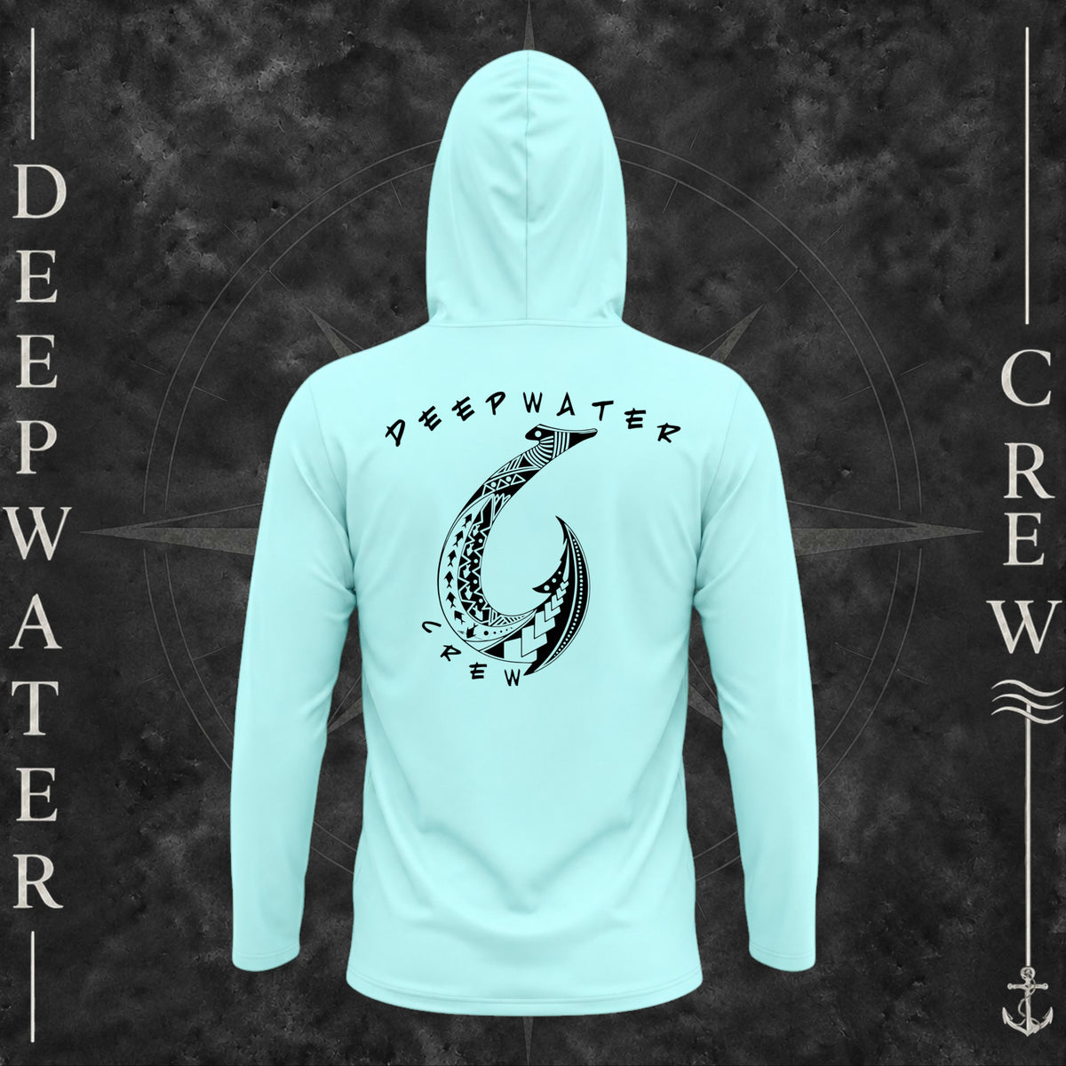 Aqua Blue Deepwater Crew Co. Hooked UPF 50+ performance hoodie, back view with large tribal-style fish hook graphic and Deepwater Crew lettering.