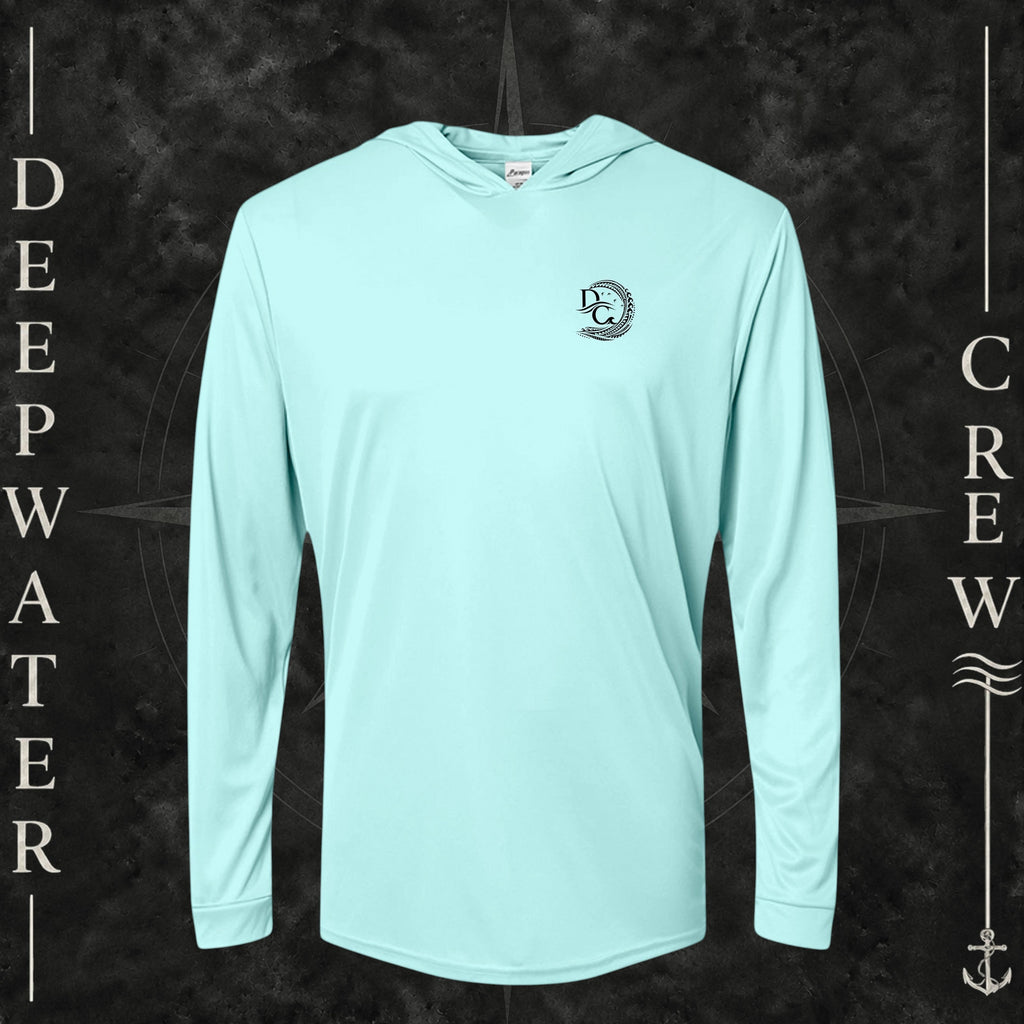 Aqua Blue Deepwater Crew Co. Hooked UPF 50+ performance hoodie, front view with small DC tribal hook crest chest logo.