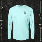 Aqua Blue Deepwater Crew Co. Hooked UPF 50+ performance hoodie, front view with small DC tribal hook crest chest logo.