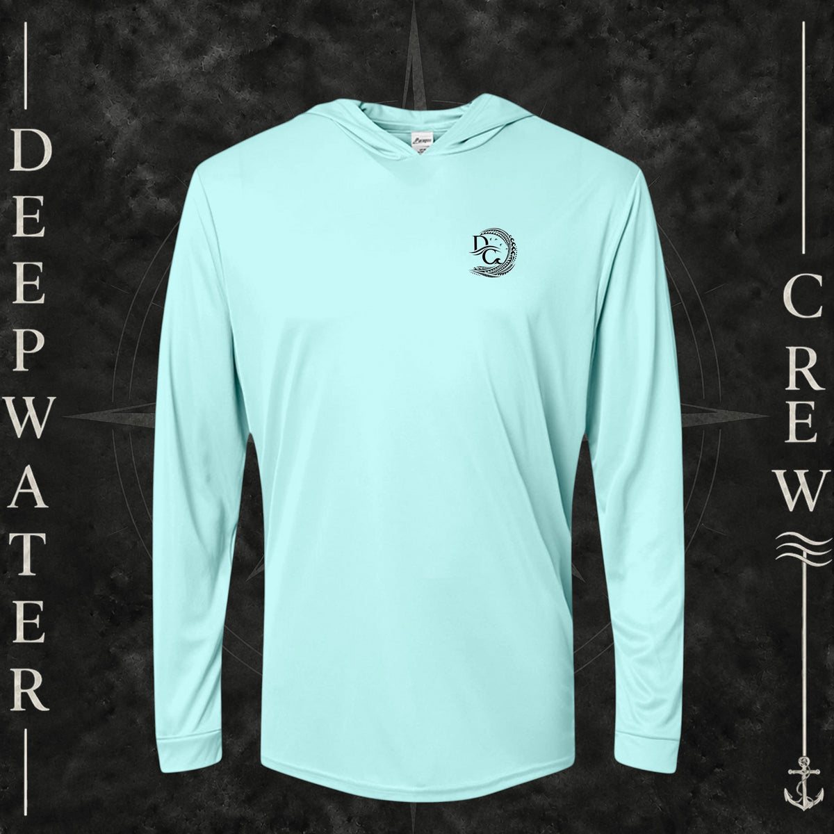 Aqua Blue Deepwater Crew Co. Hooked UPF 50+ performance hoodie, front view with small DC tribal hook crest chest logo.