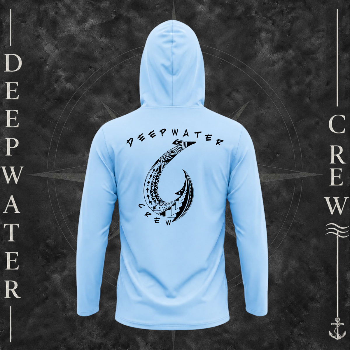 Blue Mist Deepwater Crew Co. Hooked UPF 50+ performance hoodie, back view with large tribal-style fish hook graphic and Deepwater Crew lettering.