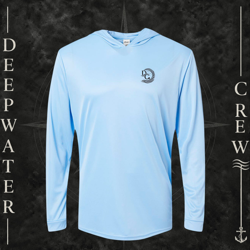 Blue Mist Deepwater Crew Co. Hooked UPF 50+ performance hoodie, front view with small DC tribal hook crest chest logo.