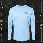 Blue Mist Deepwater Crew Co. Hooked UPF 50+ performance hoodie, front view with small DC tribal hook crest chest logo.