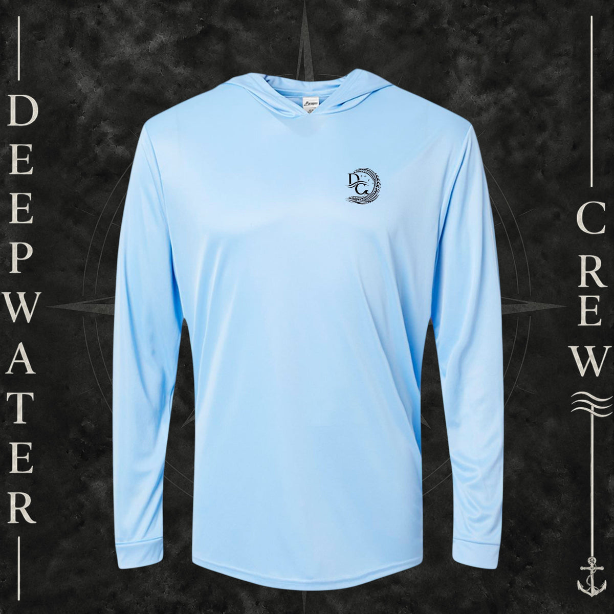 Blue Mist Deepwater Crew Co. Hooked UPF 50+ performance hoodie, front view with small DC tribal hook crest chest logo.