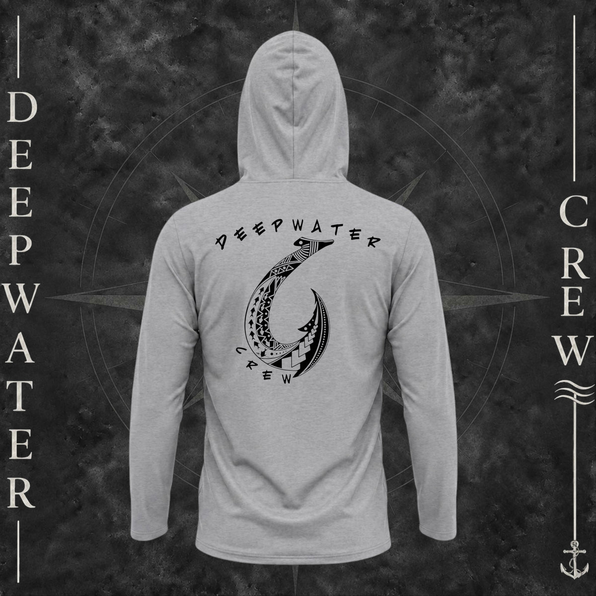 Heather Gray Deepwater Crew Co. Hooked UPF 30 performance hoodie, back view with large tribal-style fish hook graphic and Deepwater Crew lettering.