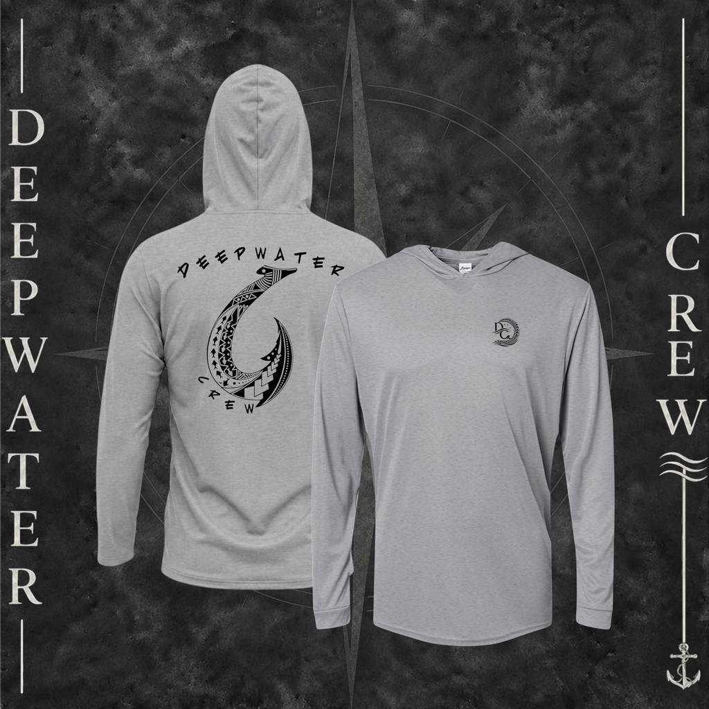 Heather Gray Deepwater Crew Co. Hooked UPF 30 performance hoodie showing front and back views, with small DC tribal hook crest chest logo and large tribal-style fish hook graphic with Deepwater Crew lettering.