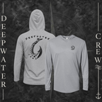 Heather Gray Deepwater Crew Co. Hooked UPF 30 performance hoodie showing front and back views, with small DC tribal hook crest chest logo and large tribal-style fish hook graphic with Deepwater Crew lettering.