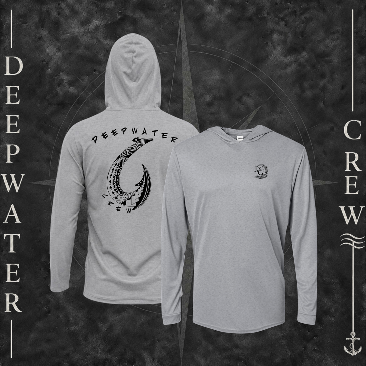 Heather Gray Deepwater Crew Co. Hooked UPF 30 performance hoodie showing front and back views, with small DC tribal hook crest chest logo and large tribal-style fish hook graphic with Deepwater Crew lettering.