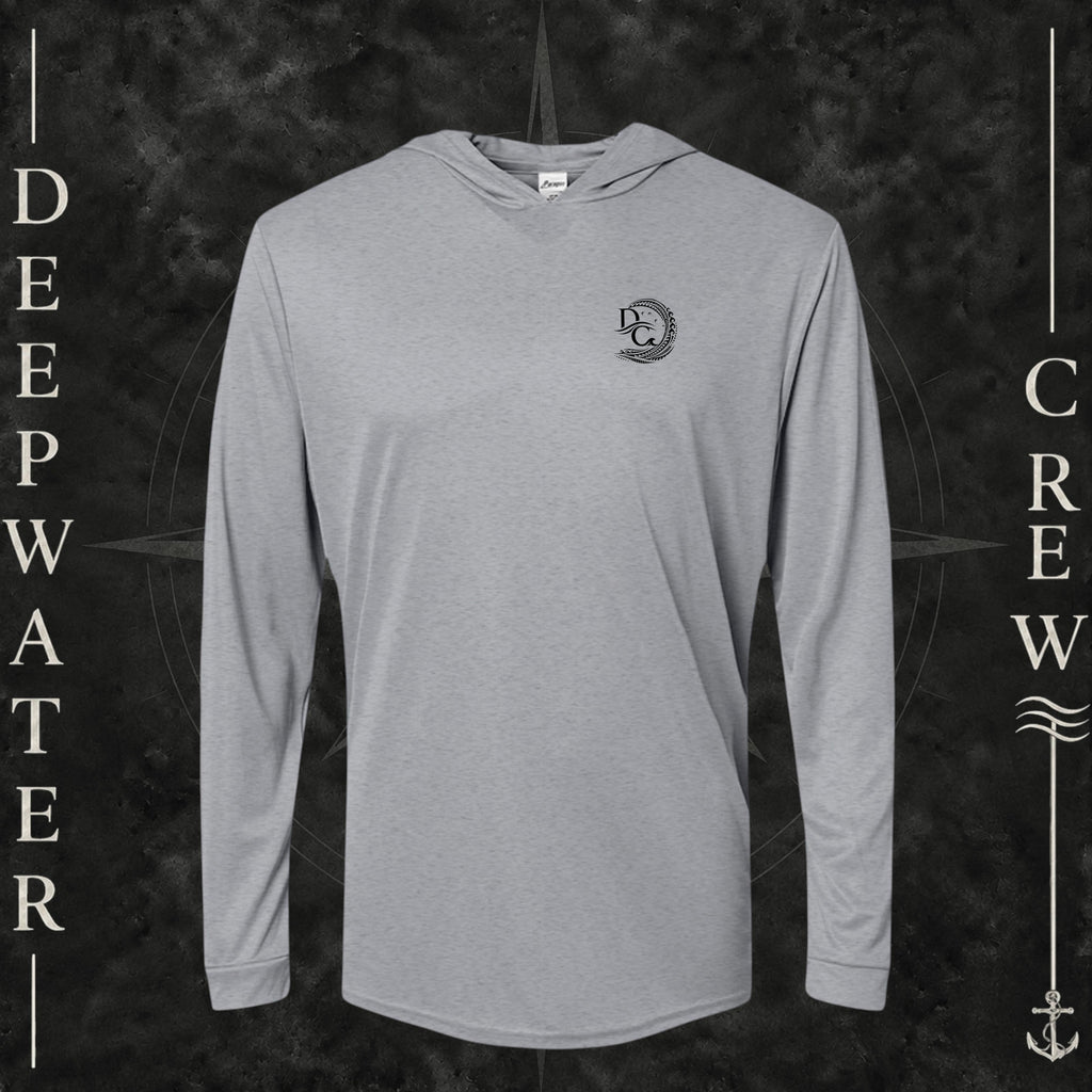 Heather Gray Deepwater Crew Co. Hooked UPF 30 performance hoodie, front view with small DC tribal hook crest chest logo.
