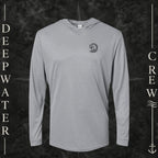Heather Gray Deepwater Crew Co. Hooked UPF 30 performance hoodie, front view with small DC tribal hook crest chest logo.