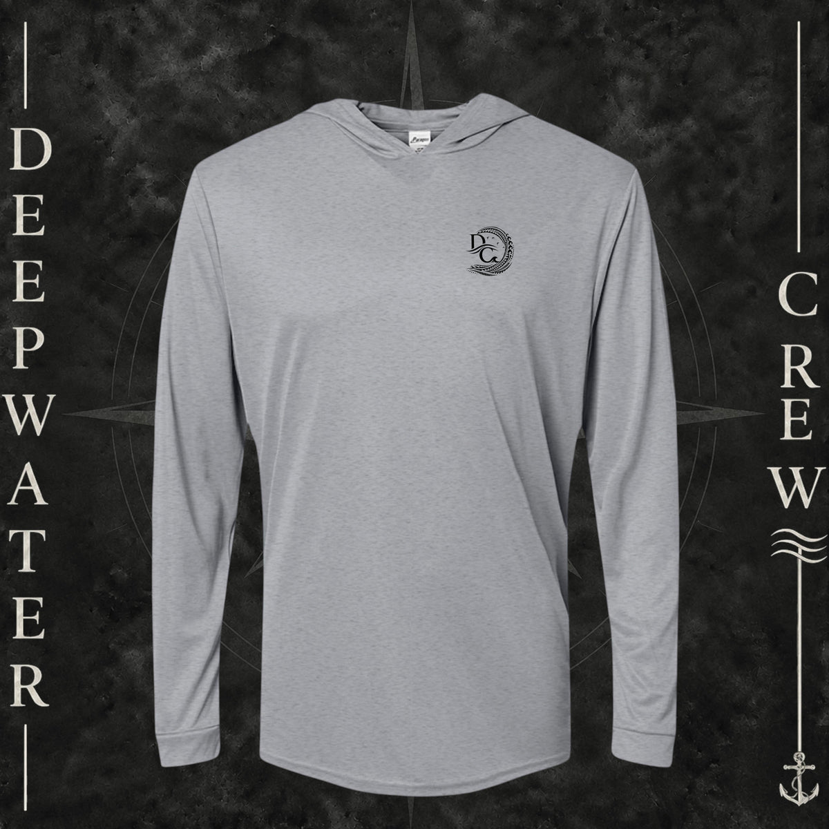 Heather Gray Deepwater Crew Co. Hooked UPF 30 performance hoodie, front view with small DC tribal hook crest chest logo.