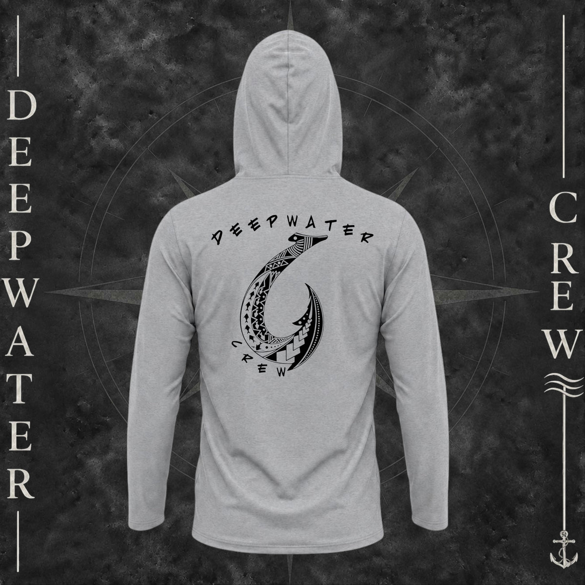 Medium Gray Deepwater Crew Co. Hooked UPF 50+ performance hoodie, back view with large tribal-style fish hook graphic and Deepwater Crew lettering.