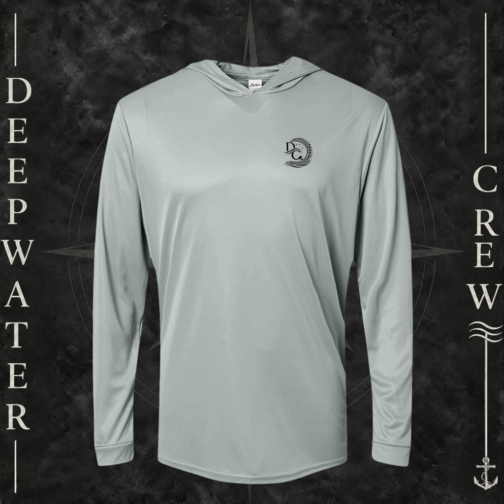 Medium Gray Deepwater Crew Co. Hooked UPF 50+ performance hoodie, front view with small DC tribal hook crest chest logo.