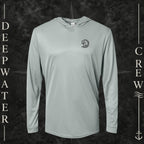 Medium Gray Deepwater Crew Co. Hooked UPF 50+ performance hoodie, front view with small DC tribal hook crest chest logo.