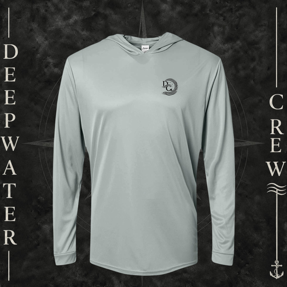 Medium Gray Deepwater Crew Co. Hooked UPF 50+ performance hoodie, front view with small DC tribal hook crest chest logo.