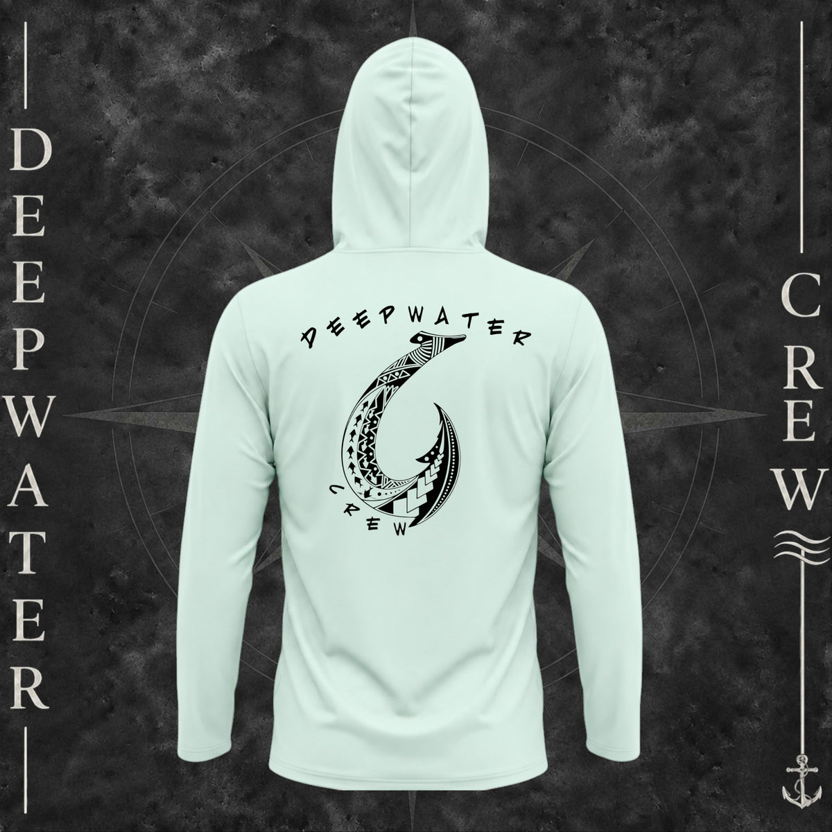 Mint Green Deepwater Crew Co. Hooked UPF 50+ performance hoodie, back view with large tribal-style fish hook graphic and Deepwater Crew lettering.