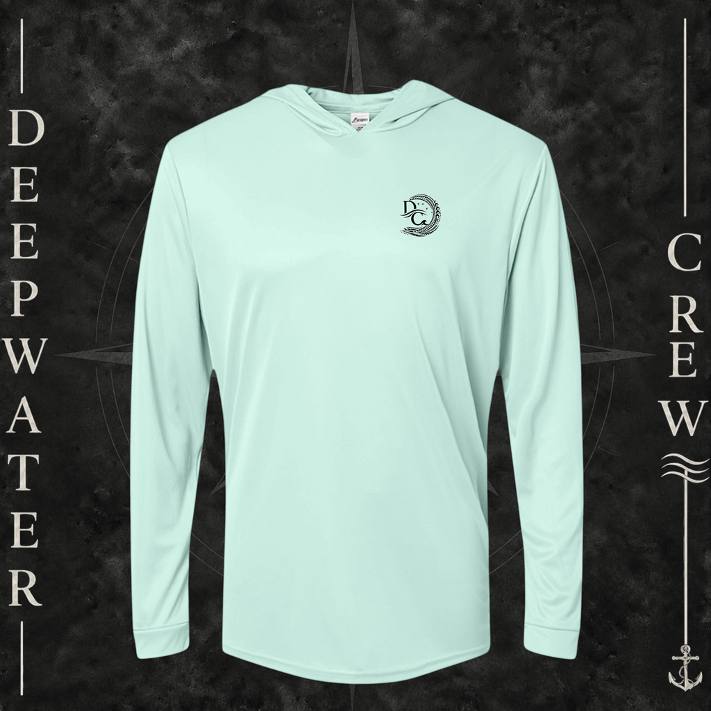 Mint Green Deepwater Crew Co. Hooked UPF 50+ performance hoodie, front view with small DC tribal hook crest chest logo.