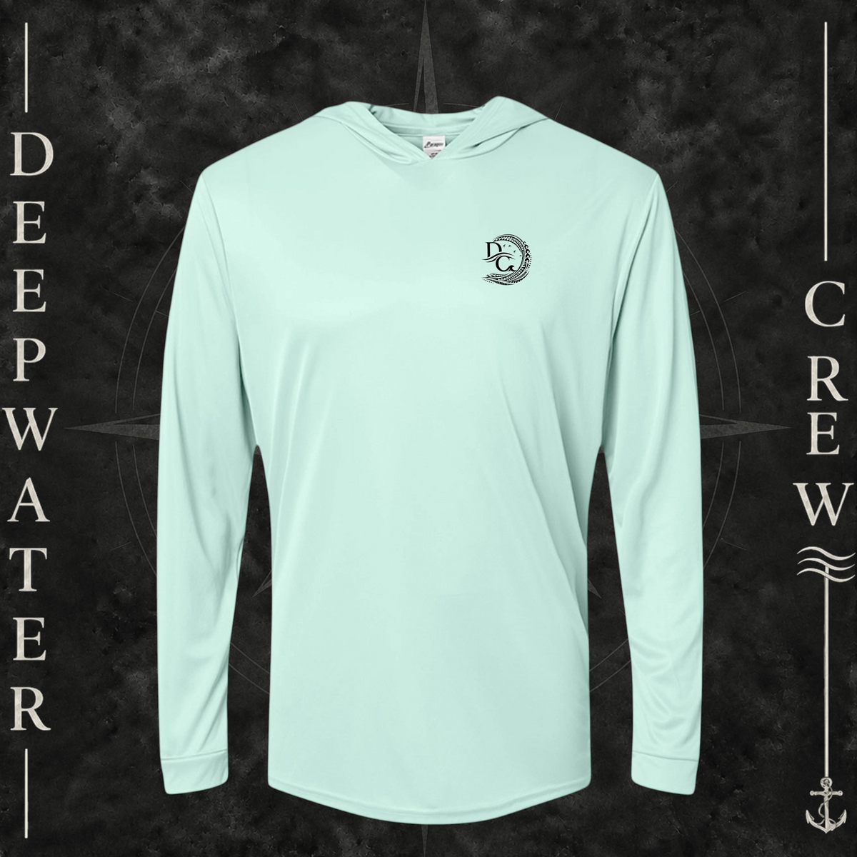 Mint Green Deepwater Crew Co. Hooked UPF 50+ performance hoodie, front view with small DC tribal hook crest chest logo.