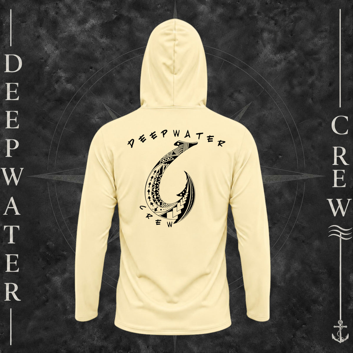 Pale Yellow Deepwater Crew Co. Hooked UPF 50+ performance hoodie, back view with large tribal-style fish hook graphic and Deepwater Crew lettering.