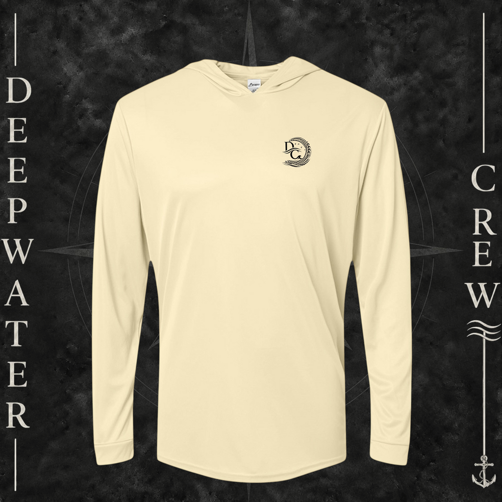 Pale Yellow Deepwater Crew Co. Hooked UPF 50+ performance hoodie, front view with small DC tribal hook crest chest logo.