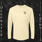 Pale Yellow Deepwater Crew Co. Hooked UPF 50+ performance hoodie, front view with small DC tribal hook crest chest logo.