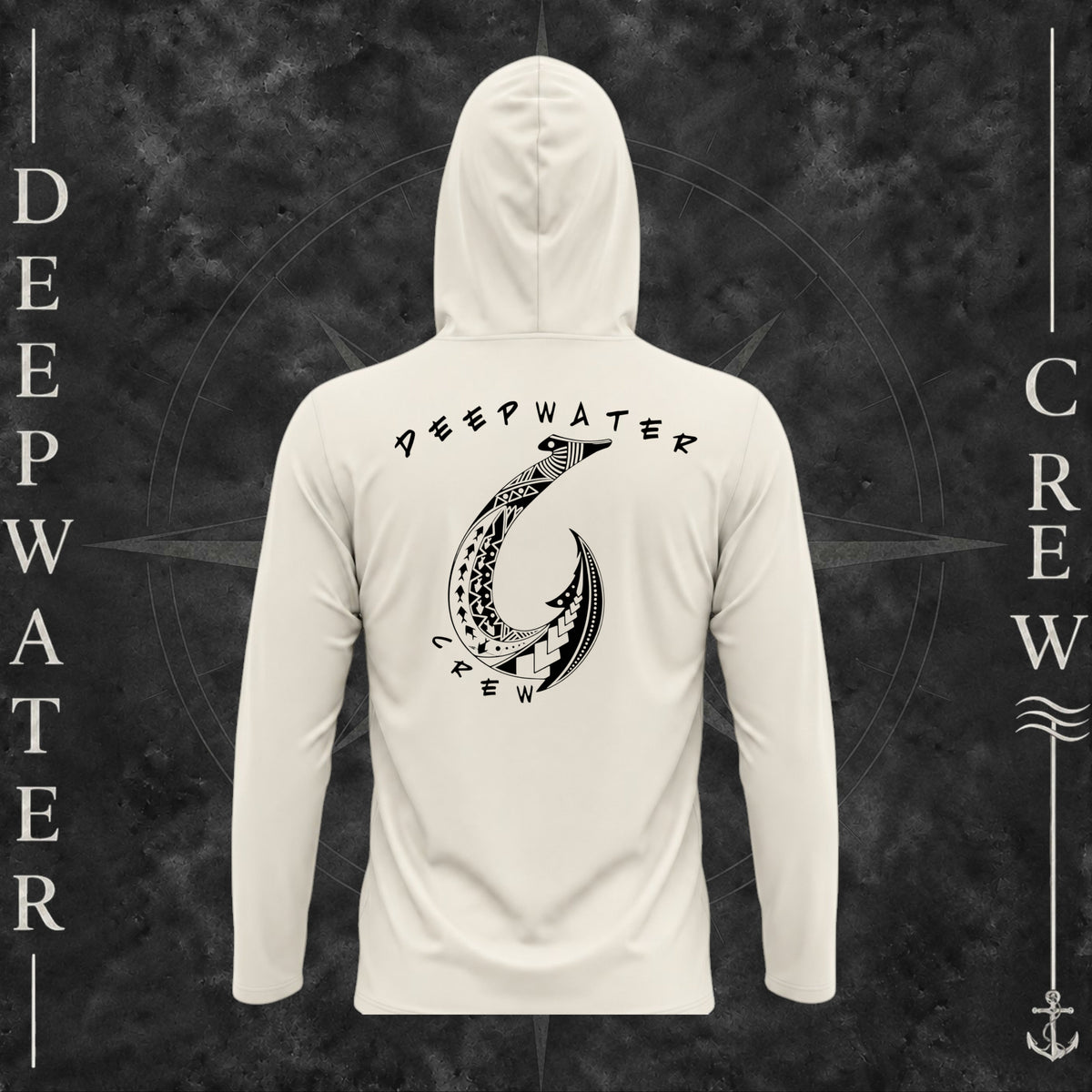 Sand Deepwater Crew Co. Hooked UPF 50+ performance hoodie, back view with large tribal-style fish hook graphic and Deepwater Crew lettering.