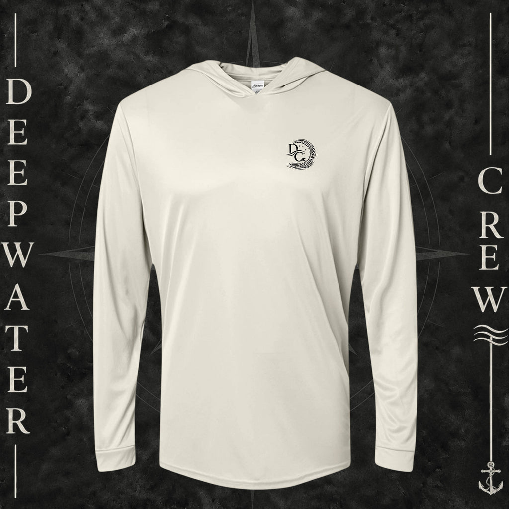 Sand Deepwater Crew Co. Hooked UPF 50+ performance hoodie, front view with small DC tribal hook crest chest logo.