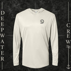 Sand Deepwater Crew Co. Hooked UPF 50+ performance hoodie, front view with small DC tribal hook crest chest logo.