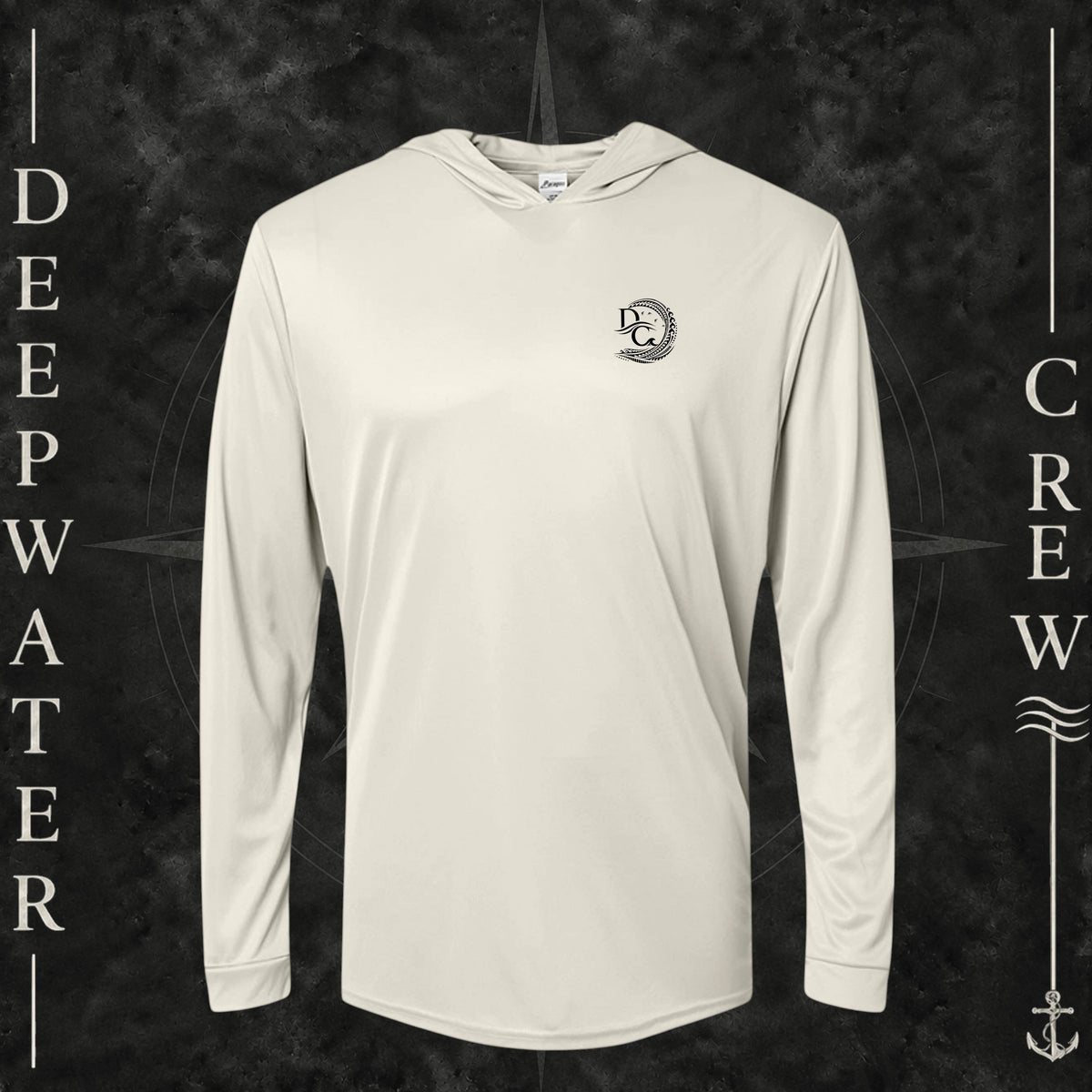 Sand Deepwater Crew Co. Hooked UPF 50+ performance hoodie, front view with small DC tribal hook crest chest logo.