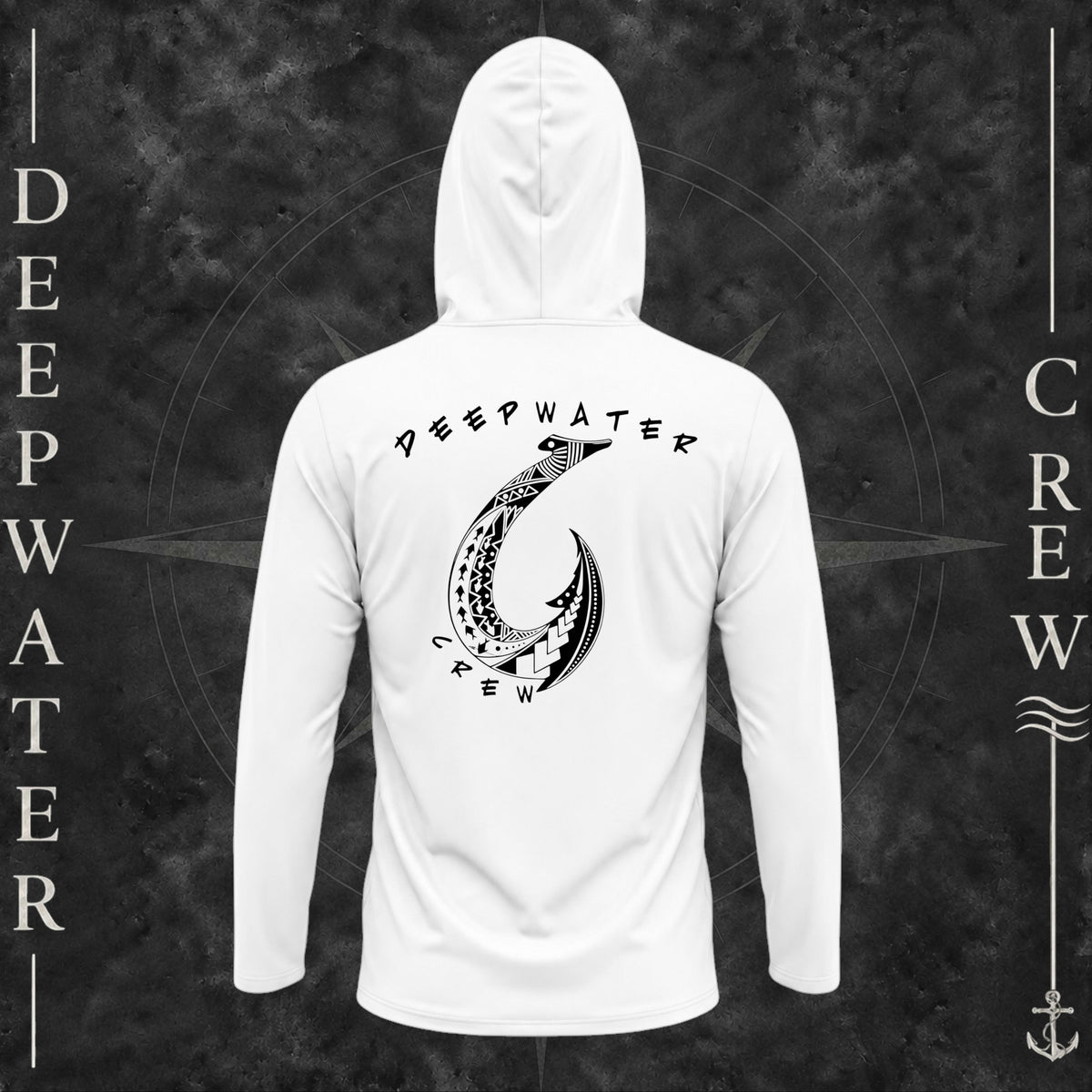White Deepwater Crew Co. Hooked UPF 50+ performance hoodie, back view with large tribal-style fish hook graphic and Deepwater Crew lettering.