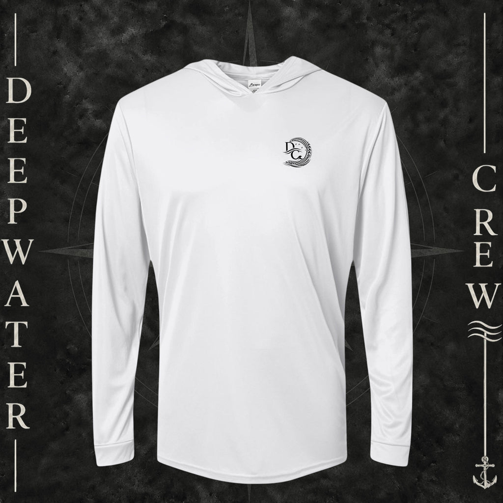 White Deepwater Crew Co. Hooked UPF 50+ performance hoodie, front view with small DC tribal hook crest chest logo.