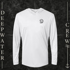 White Deepwater Crew Co. Hooked UPF 50+ performance hoodie, front view with small DC tribal hook crest chest logo.