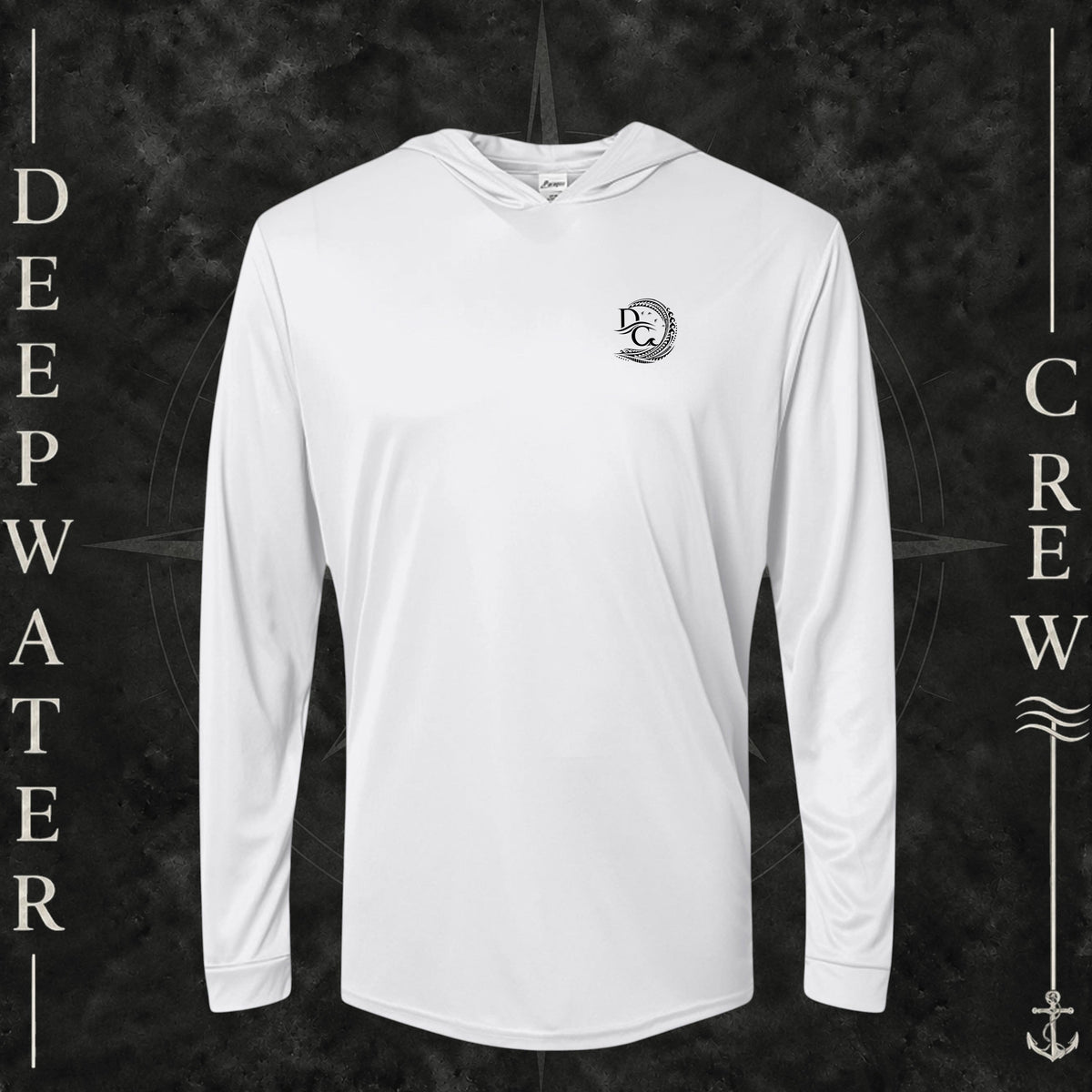 White Deepwater Crew Co. Hooked UPF 50+ performance hoodie, front view with small DC tribal hook crest chest logo.