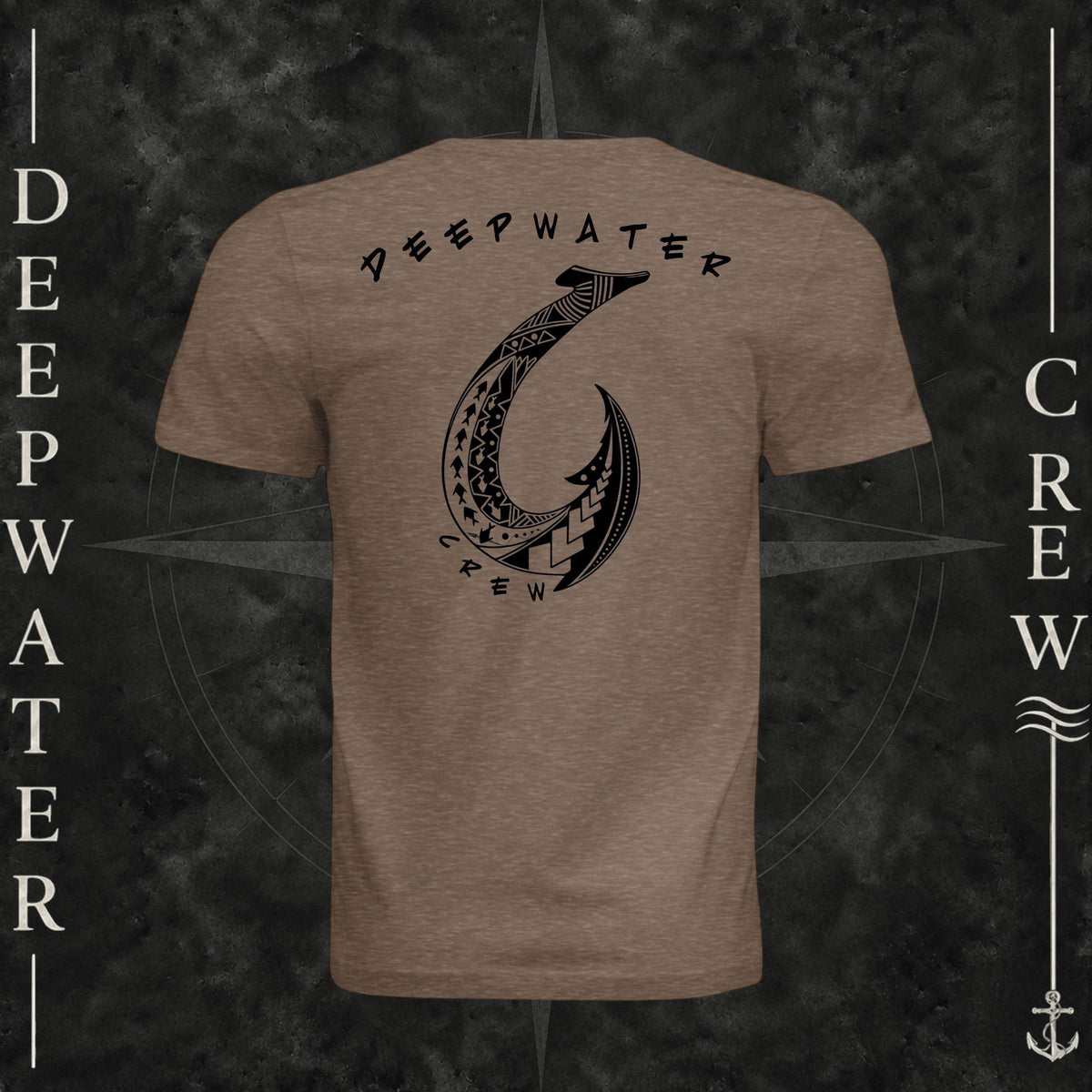 Vintage Brown Deepwater Crew Co. Hooked crewneck T-shirt, back view with large tribal-style fish hook graphic and Deepwater Crew lettering.