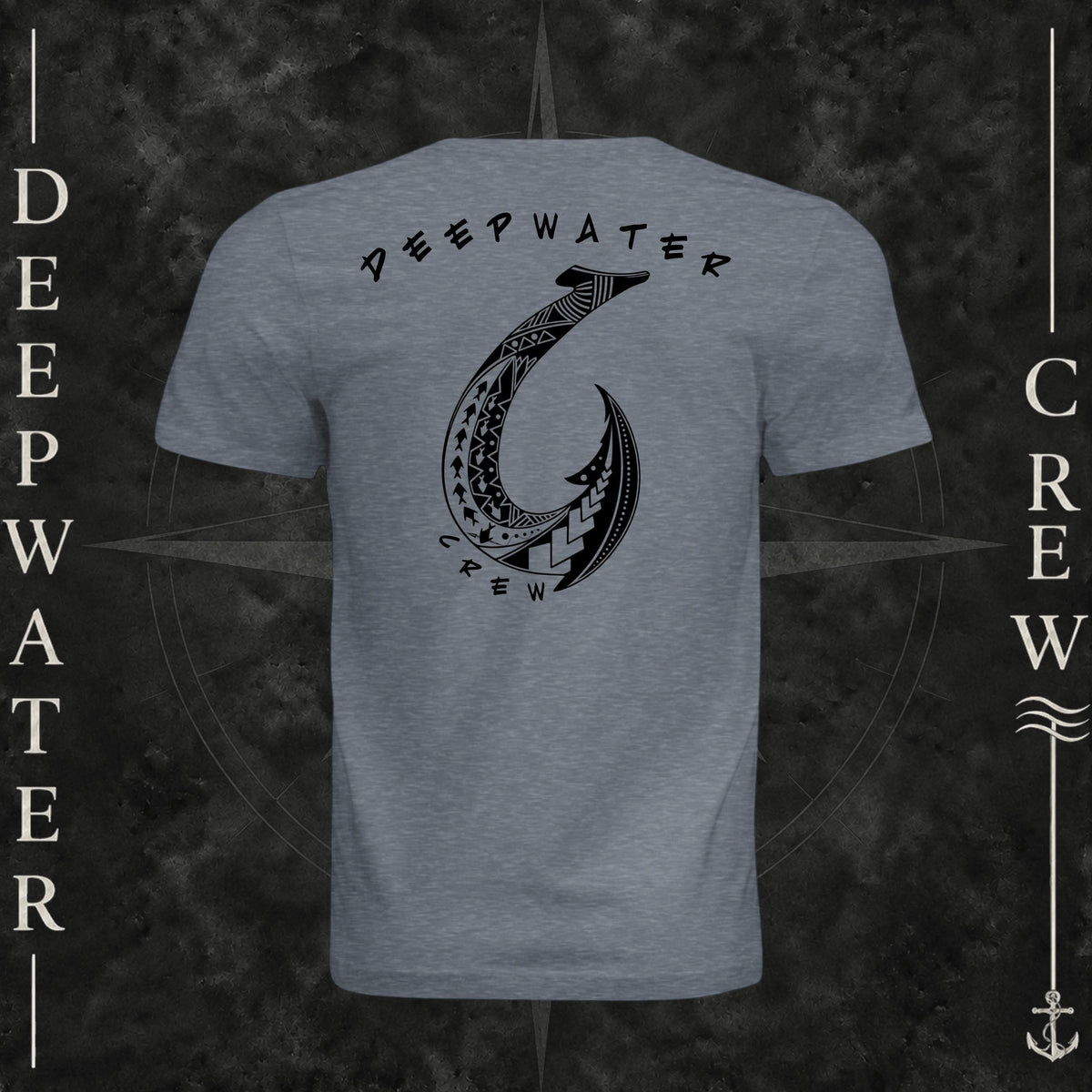 Vintage Denim Deepwater Crew Co. Hooked crewneck T-shirt, back view with large tribal-style fish hook graphic and Deepwater Crew lettering.
