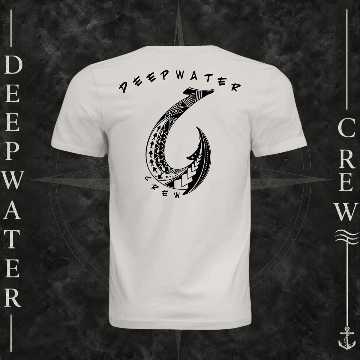 Vintage White Deepwater Crew Co. Hooked crewneck T-shirt, back view with large tribal-style fish hook graphic and Deepwater Crew lettering.