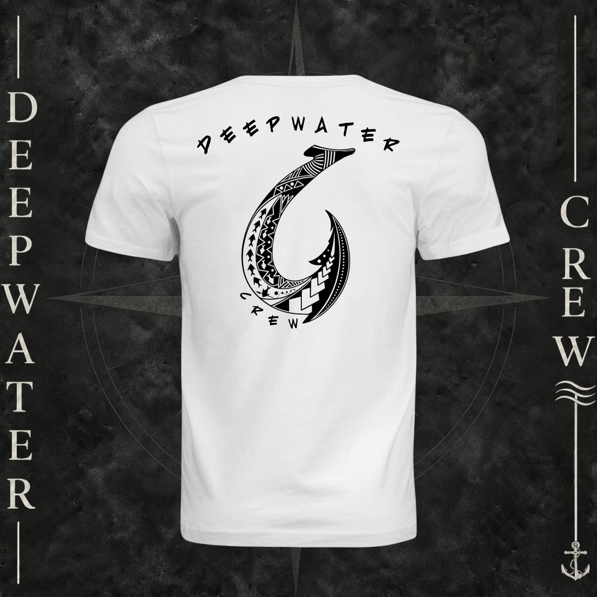 White Deepwater Crew Co. Hooked crewneck T-shirt, back view with large tribal-style fish hook graphic and Deepwater Crew lettering.