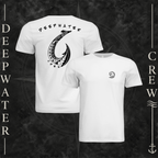 White Deepwater Crew Co. Hooked crewneck T-shirt showing front and back views, with small DC wave chest logo and large hook design surrounded by current and game fish with Deepwater Crew lettering.