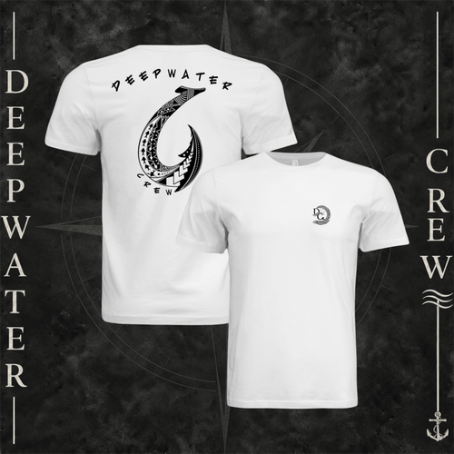 White Deepwater Crew Co. Hooked crewneck T-shirt showing front and back views, with small DC wave chest logo and large hook design surrounded by current and game fish with Deepwater Crew lettering.