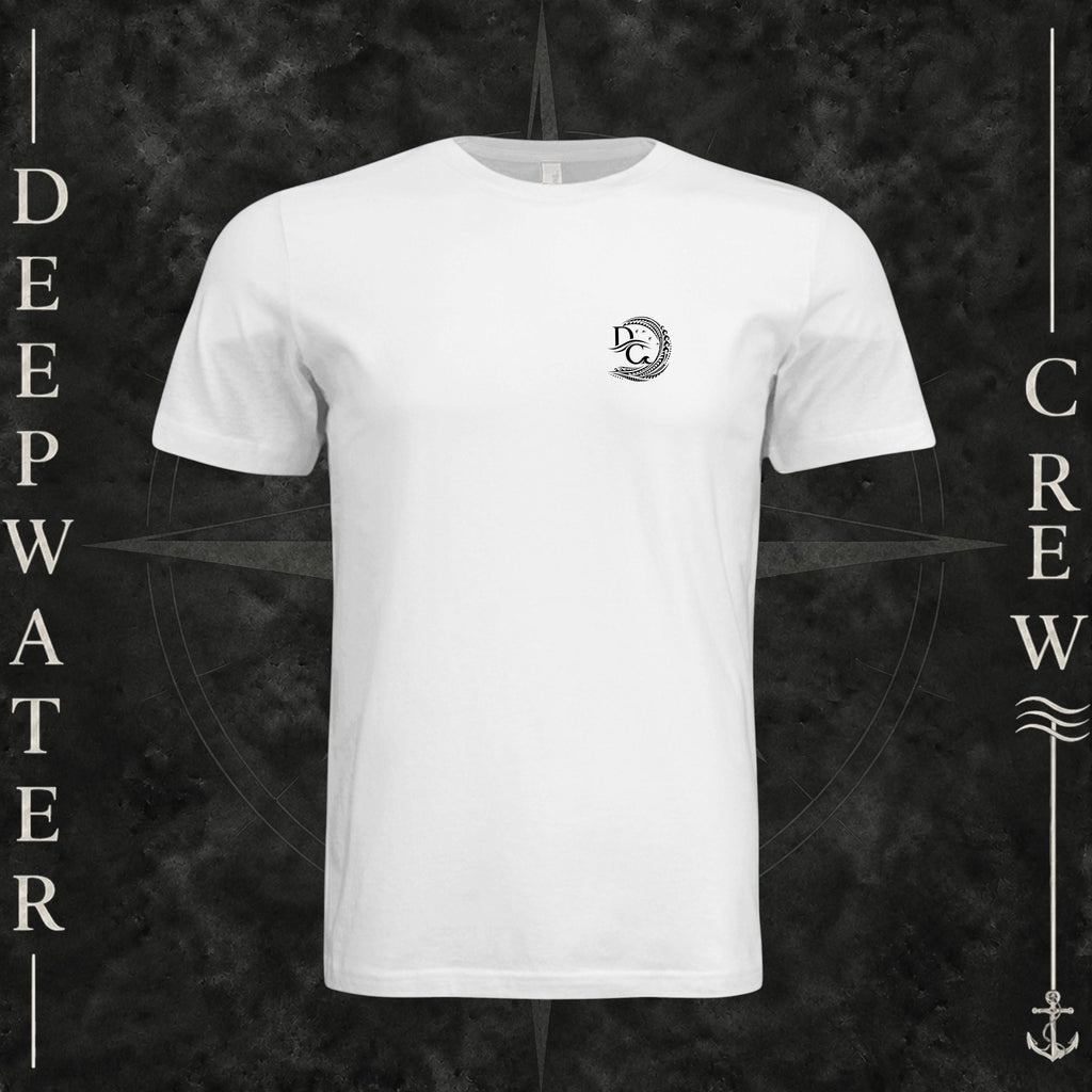 White Deepwater Crew Co. Hooked crewneck T-shirt, front view with small DC wave crest chest logo.