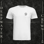 White Deepwater Crew Co. Hooked crewneck T-shirt, front view with small DC wave crest chest logo.