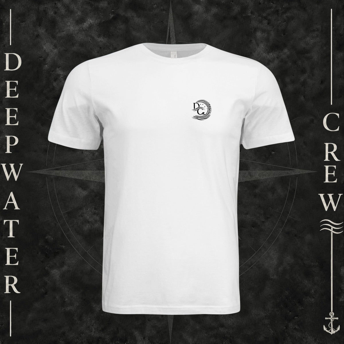 White Deepwater Crew Co. Hooked crewneck T-shirt, front view with small DC wave crest chest logo.