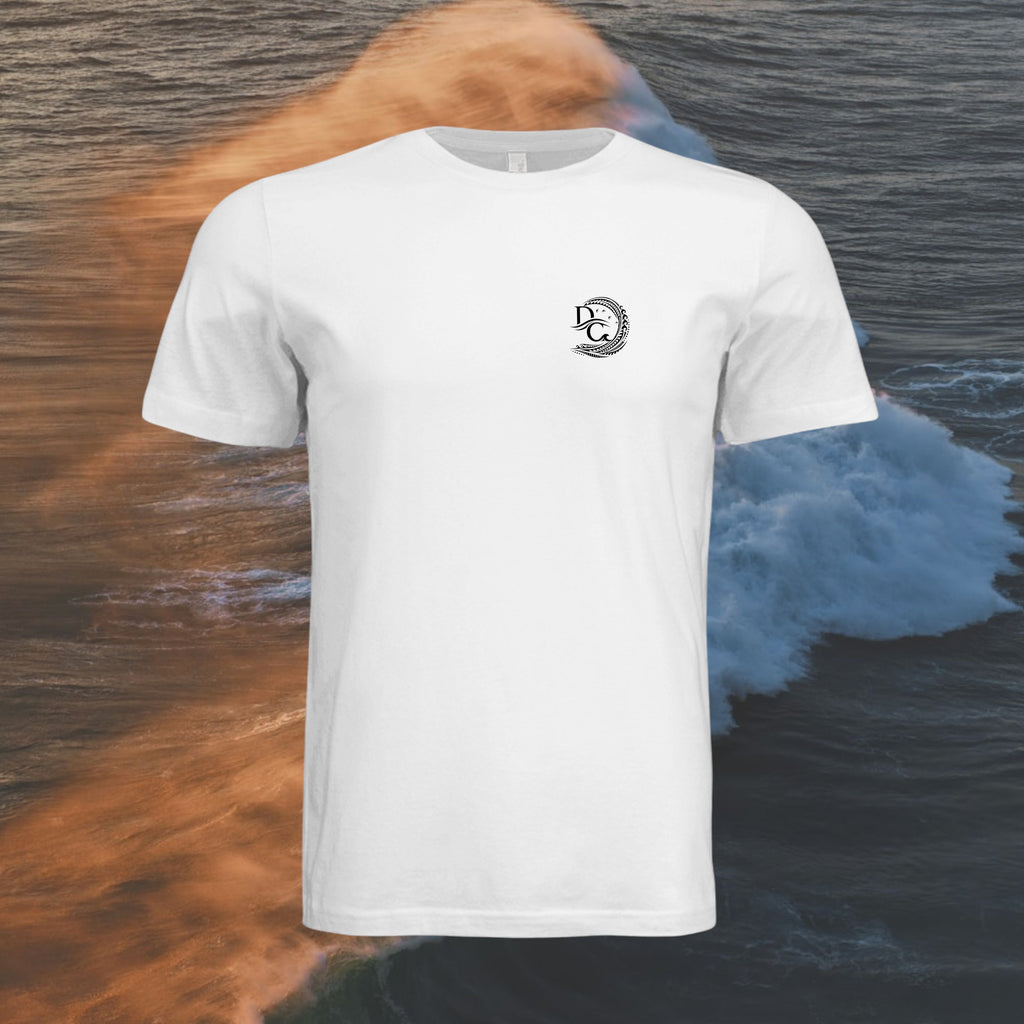 White Deepwater Crew Co. Hooked crewneck T-shirt, front view with small DC wave crest chest logo. With a ocean wave breaking at sunset in the background.