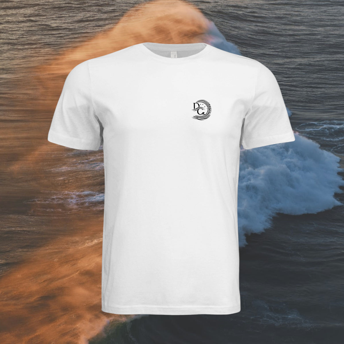 White Deepwater Crew Co. Hooked crewneck T-shirt, front view with small DC wave crest chest logo. With a ocean wave breaking at sunset in the background.